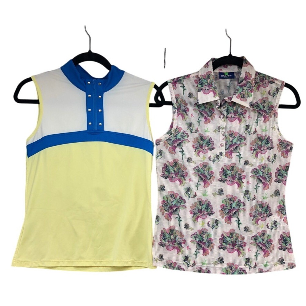 GG Blue Daily Sports Golf Polo Shirts Womens Medium Lot of 2 Yellow Floral Multi